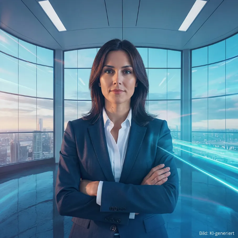 Führungskraft steht selbstbewusst in einem modernen, digital vernetzten Büro
