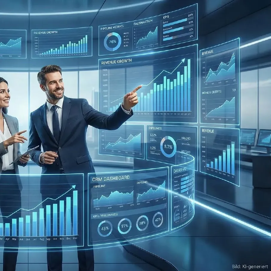 Vertriebsleiter präsentiert seinem Team Wachstums- und Forecast-Kennzahlen auf digitalen Dashboards