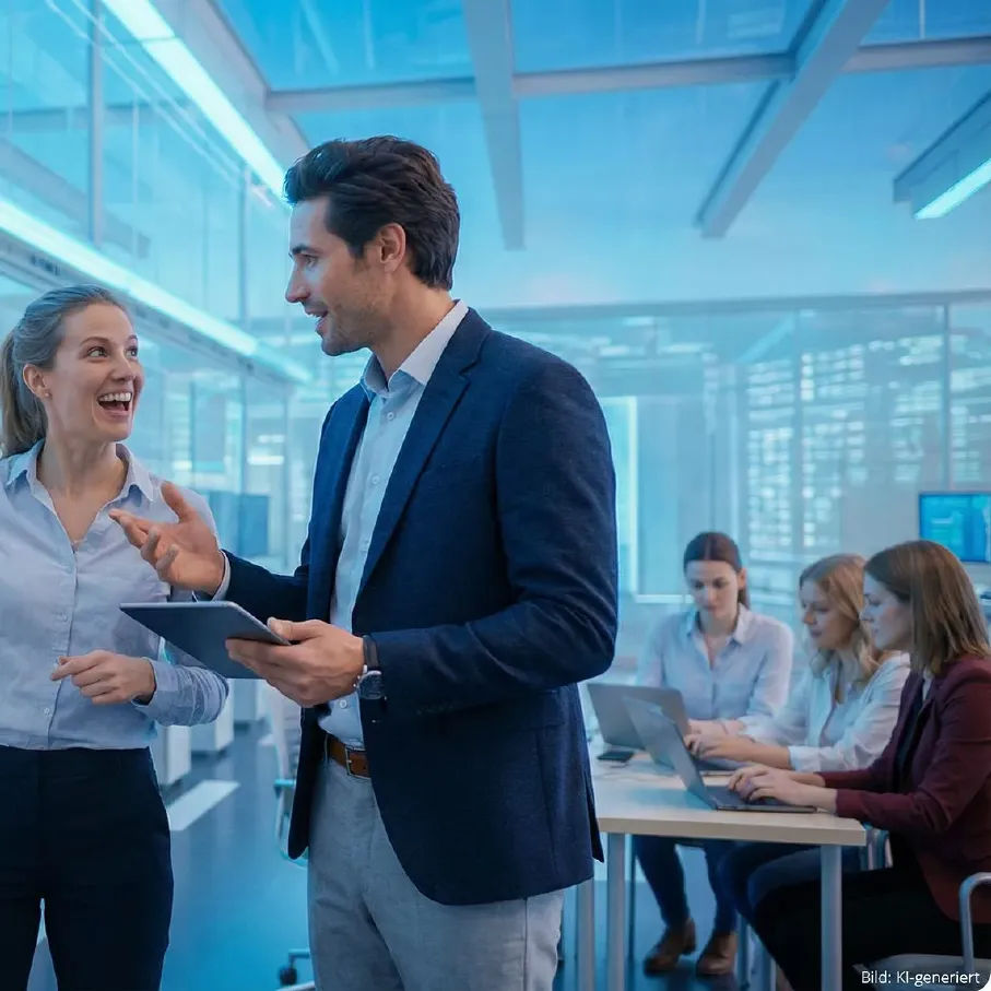 Zwei Vertriebsverantwortliche besprechen sich mit einem Tablet, während das Sales-Team im Hintergrund arbeitet