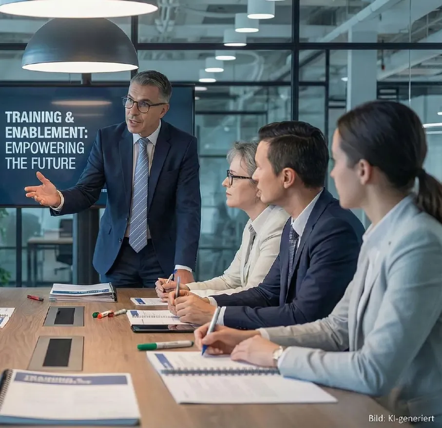 Vertriebstrainer schult ein Team in einem modernen Besprechungsraum